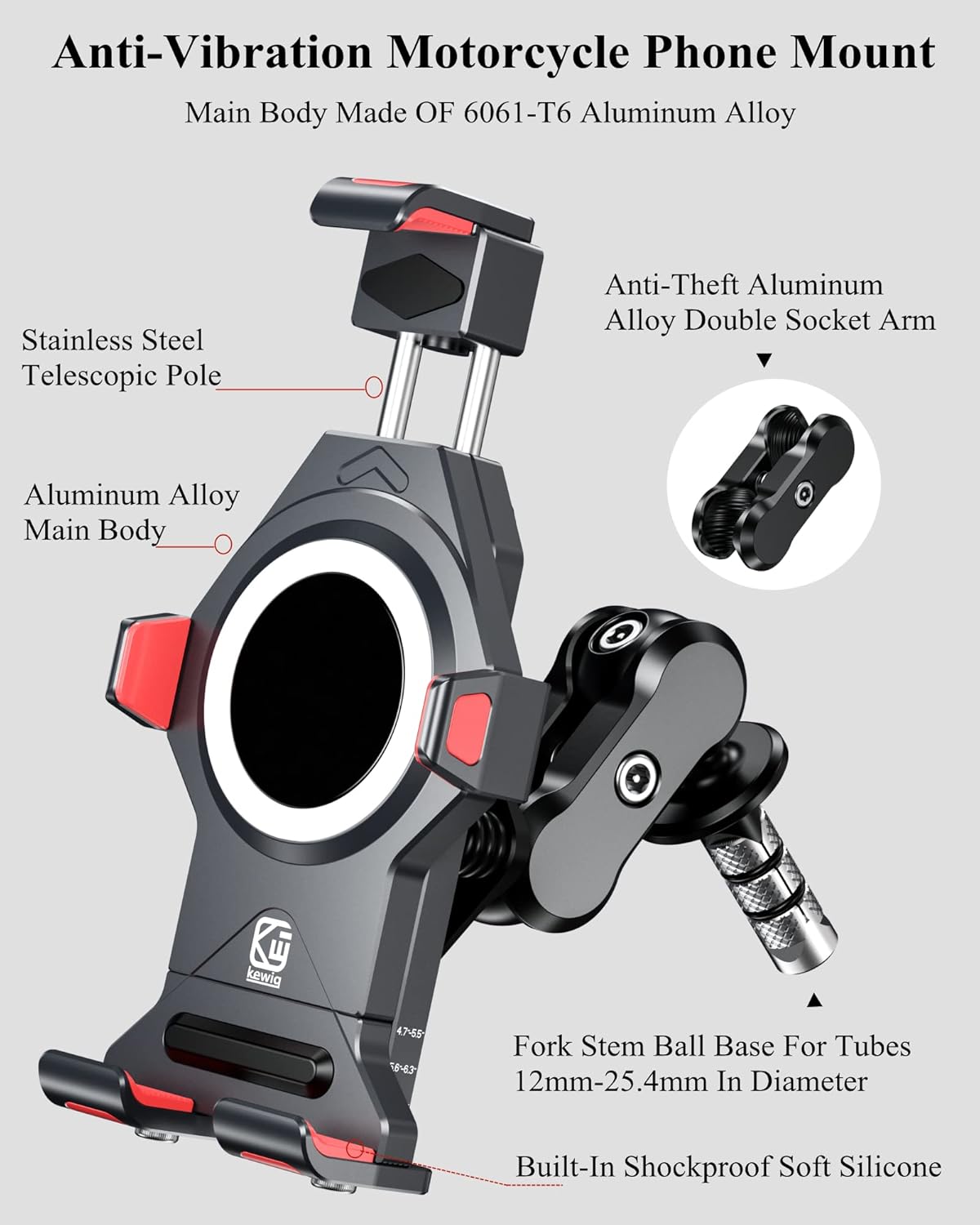 BRCOVAN Metal Anti-Theft Motorcycle Fork Stem Phone Mount Holder with Vibration Dampener & Secure Lock, Aluminum Alloy, Adjustable Size, Big Phone Friendly, Fit 4.7'' - 7.2'' Cellphone - Image 4