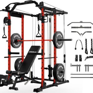 Mikolo Power Cage, Power Rack with Cable Crossover System, 1500LBS Squat Rack with LAT Pull Down System, Workout Cage with Pulley System for Fitness Home Gym