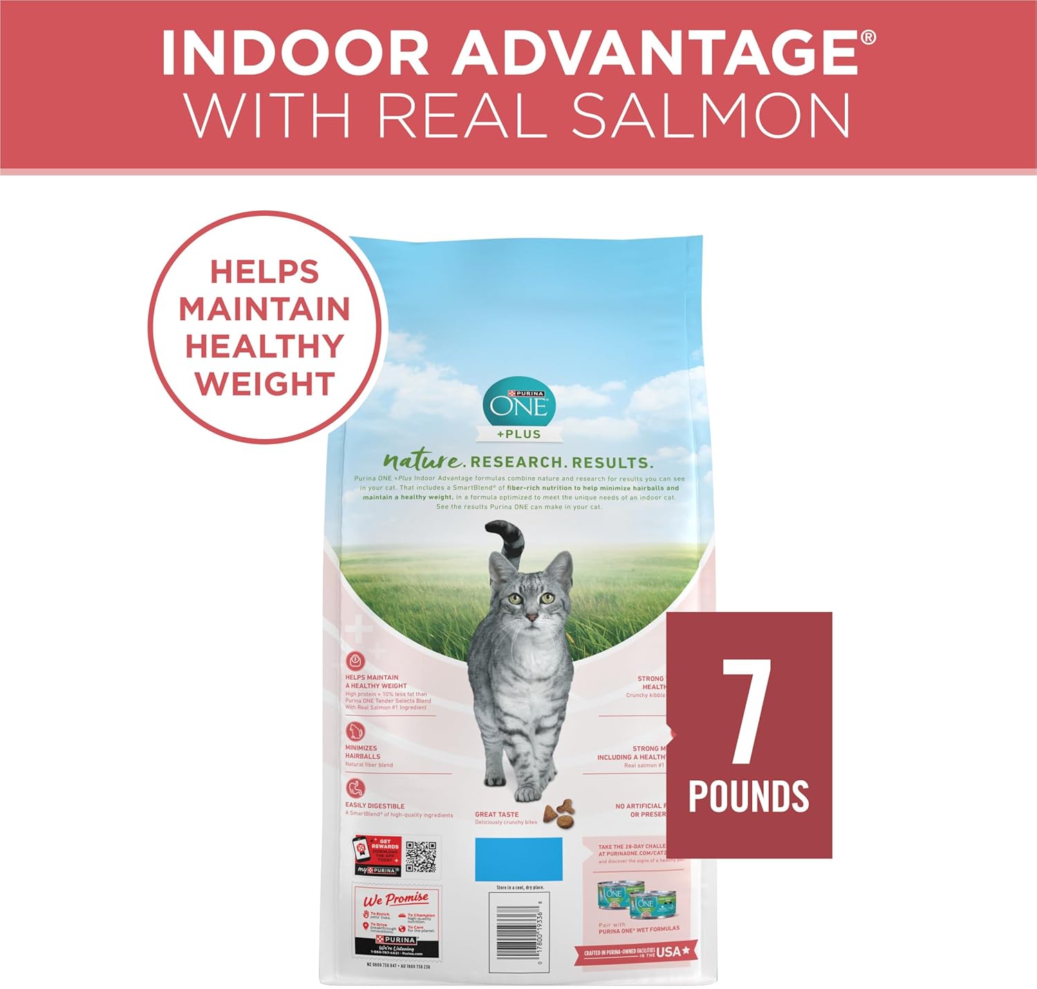Purina ONE Natural Low Fat, Indoor Dry Weight Control High Protein Cat Food Plus Indoor Advantage With Real Salmon - 7 lb. Bag - Image 8