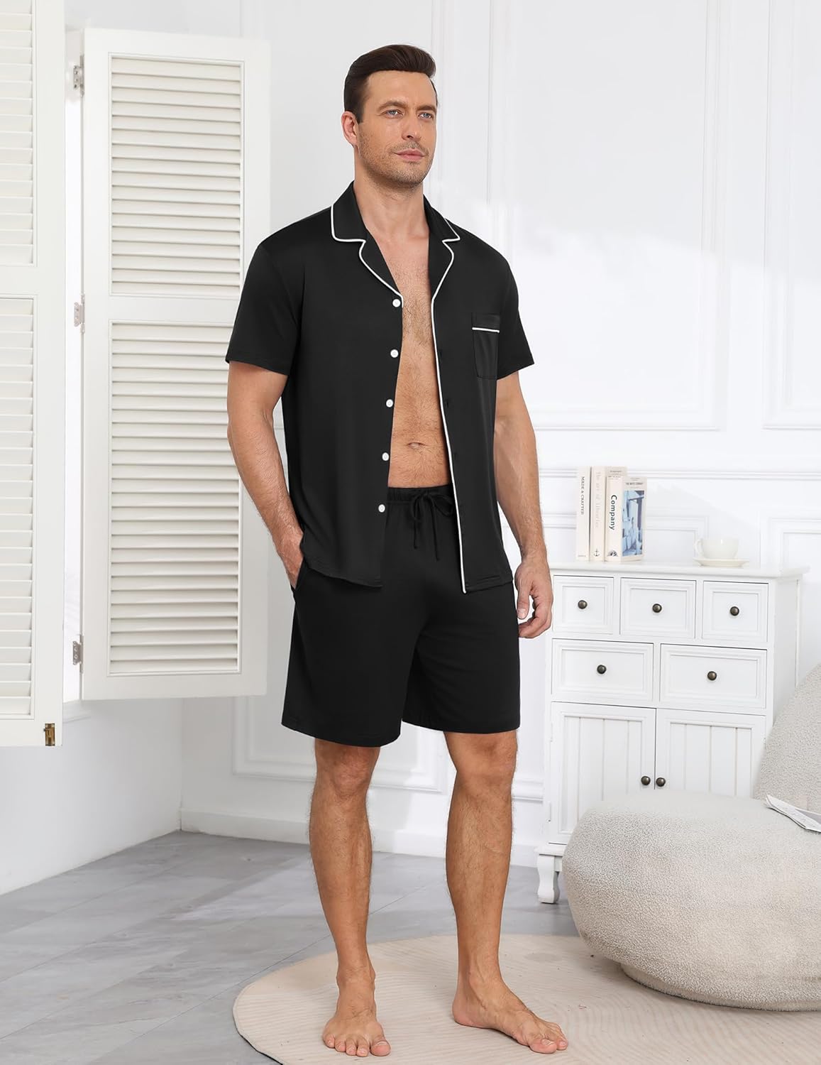 Ekouaer Mens Pajamas Set Summer Short Sleeve Button Up Pjs 2 Piece Sleepwear with Pockets S-XXXL - Image 4