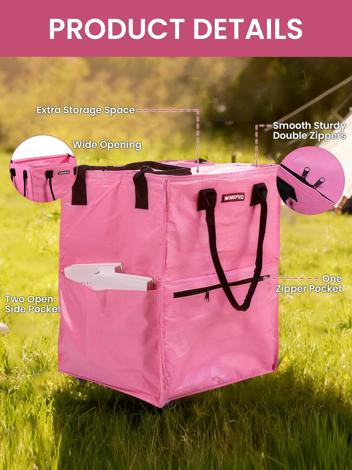 WORKPRO Large Rolling Grocery Bag, 36-Gallon Tote with 5 Wheels, 110 lbs Capacity, Dual Carry, Wide Zipper & Extra Storage for Shopping, Laundry & Moving - Image 6