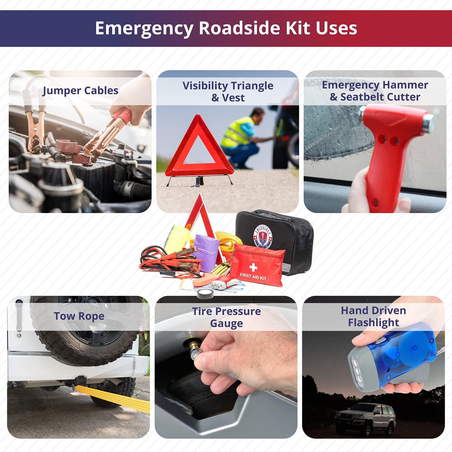 Roadside Car Emergency Kit - First Aid Set, Jumper Cables, Tow Strap, LED Flash Light, Rain Coat, Tire Pressure Gauge, Safety Vest and More (Black) - Image 3