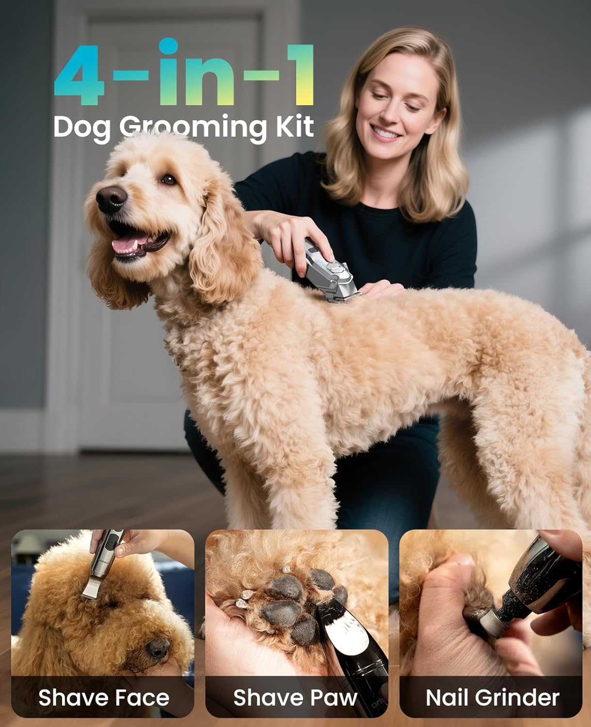 oneisall Dog Clippers for Grooming Thick/Heavy Coats, 4-in-1 Dog Grooming Kit Low Noise with Stainless Steel Blade, Cordless Dogs Paw Trimmer Pet Nail Grinder for Small & Large Dogs Cats Animals - Image 3