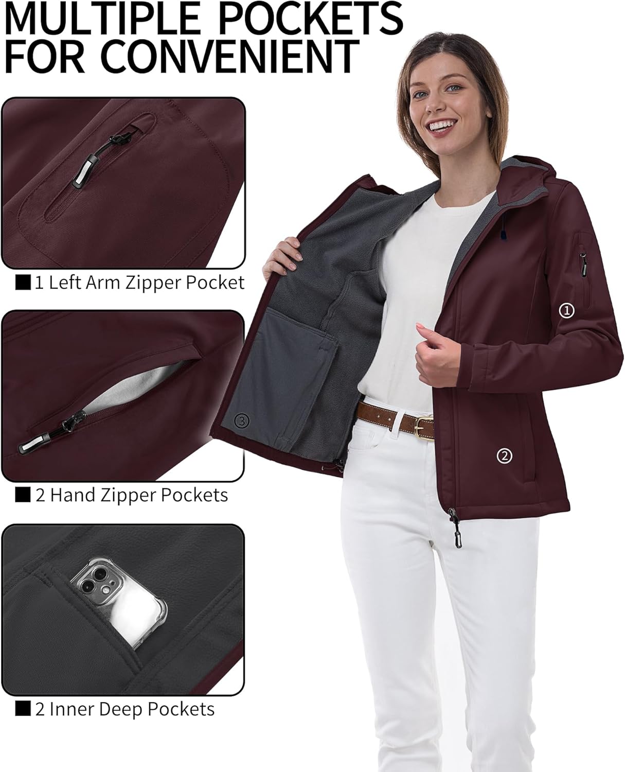 Outdoor Ventures Women's Softshell Jacket with Hood Fleece Lined Warm Lightweight Waterproof Insulated Windbreaker - Image 5