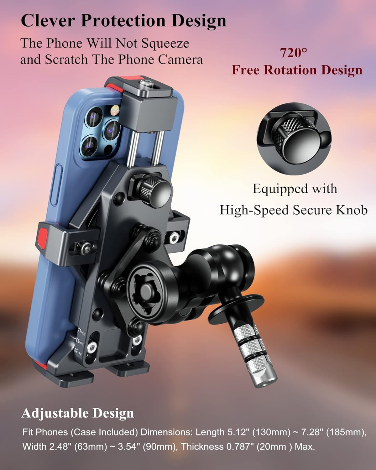 BRCOVAN Metal Anti-Theft Motorcycle Fork Stem Phone Mount Holder with Vibration Dampener & Secure Lock, Aluminum Alloy, Adjustable Size, Big Phone Friendly, Fit 4.7'' - 7.2'' Cellphone - Image 6