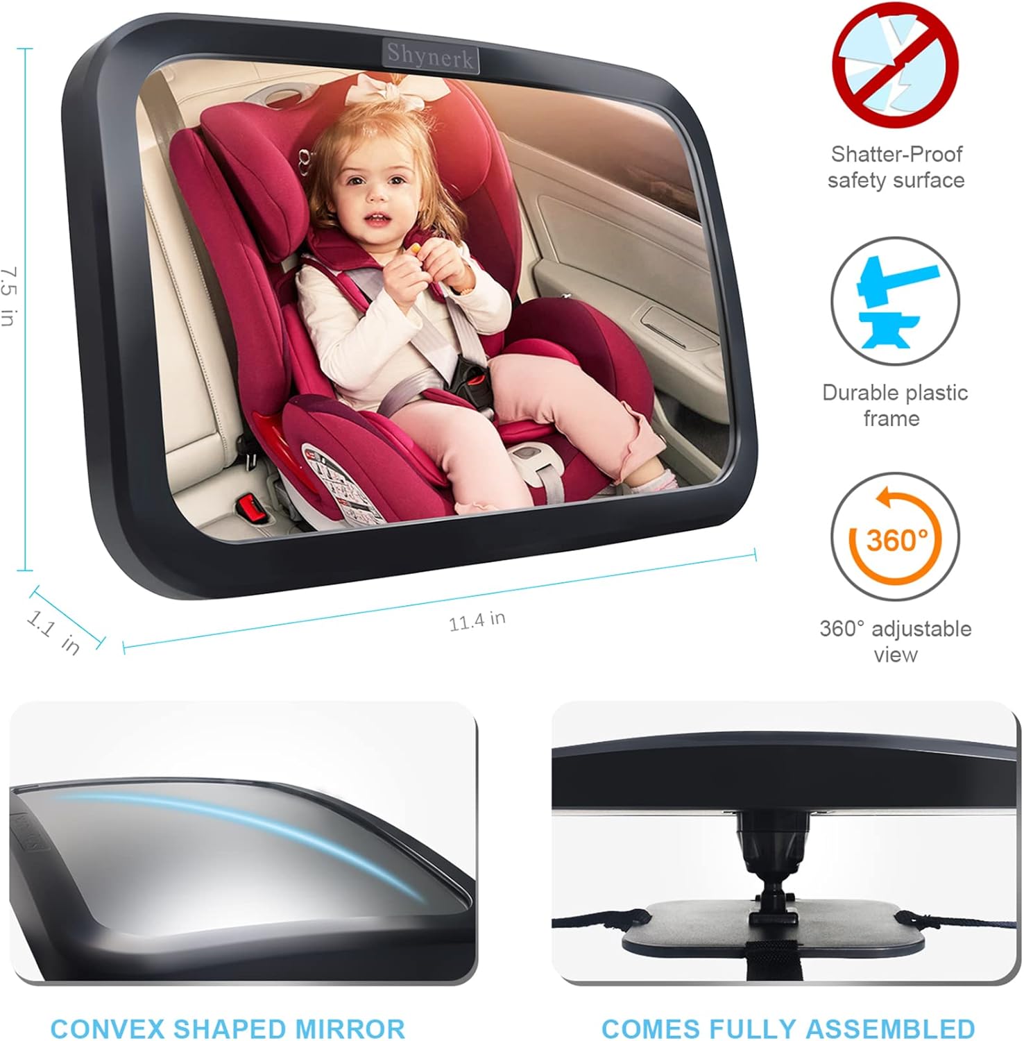 Shynerk Baby Car Mirror, Safety Car Seat Mirror for Rear Facing Infant with Wide Crystal Clear View, Shatterproof, 360° Rotation, Crash Tested and Certified - Image 4