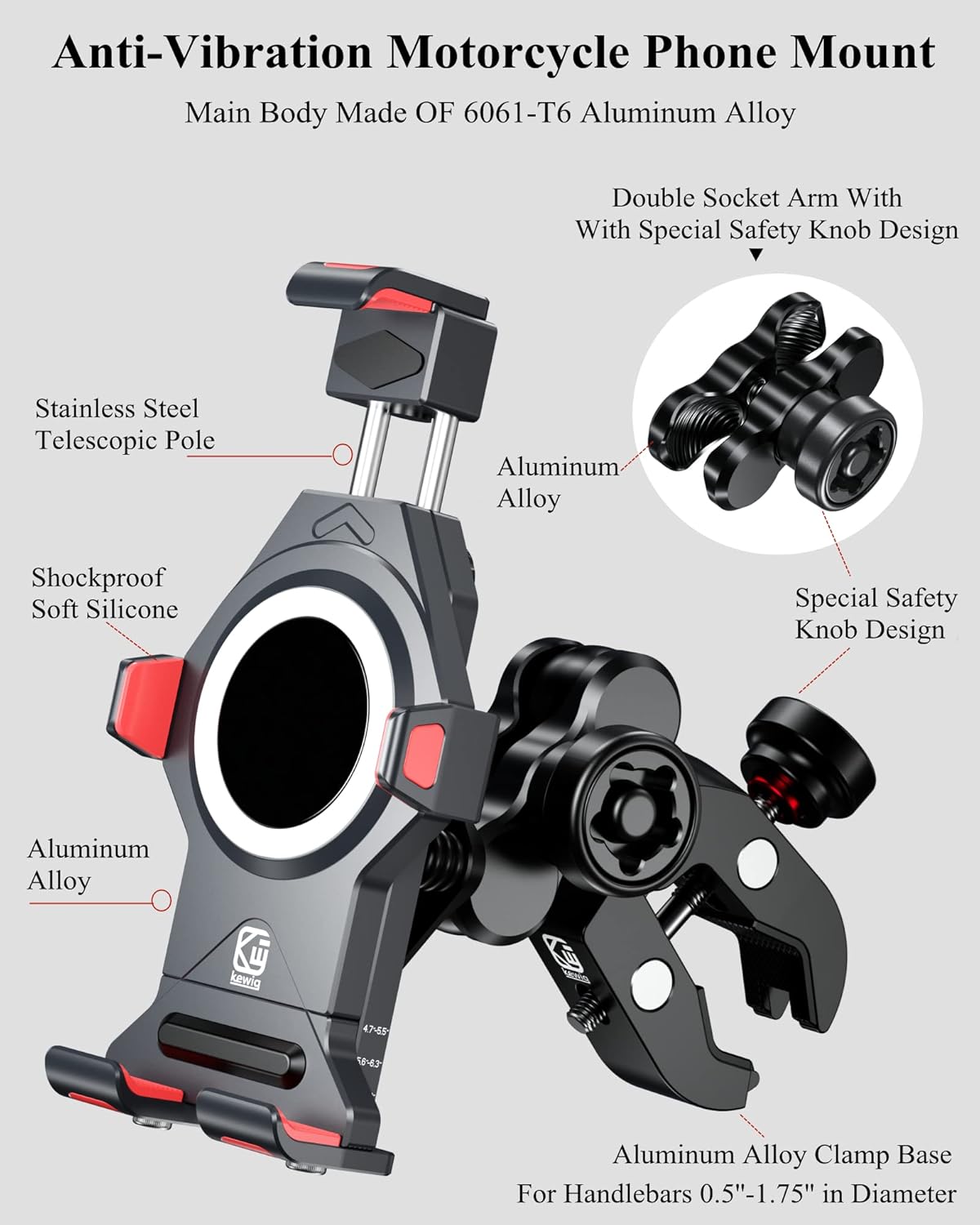 BRCOVAN Metal Anti-Theft Motorcycle Phone Mount with Vibration Dampener & High-Speed Secure Lock, Adjustable Aluminum Alloy Motorcycle Cellphone Holder for Bike Scooter ATV UTV Fit 4.7''-7.2'' Phones - Image 4