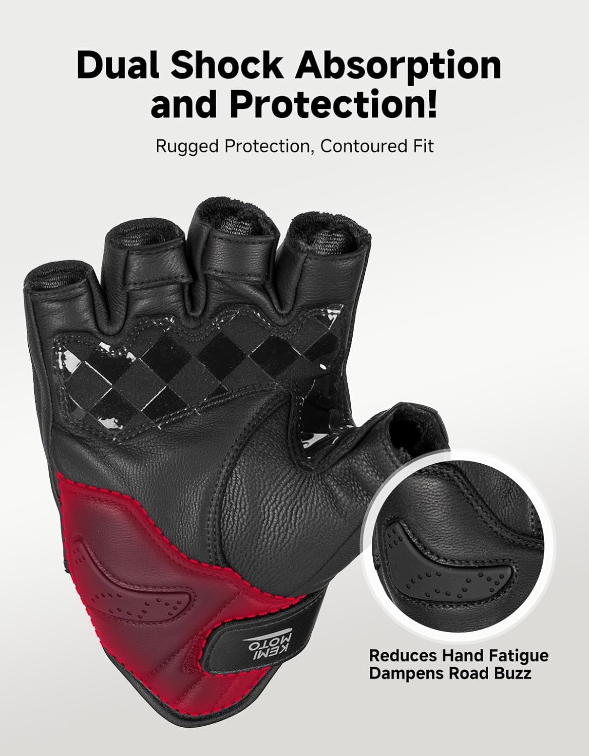 KEMIMOTO Motorcycle Leather Half Finger Gloves for Men Women, Hard Knuckle Protective Riding Gloves with Shock-Absorbing Padded Palm for Motorbike, Cycling, ATV & Outdoor Sports - Image 2
