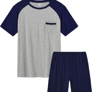 MoFiz Mens Pajama Set Pjs Sleepwear Nightwear Lightweight Quick Dry Soft Short Sleeve V-Neck Summer Pjs Sleep Set With Pocket