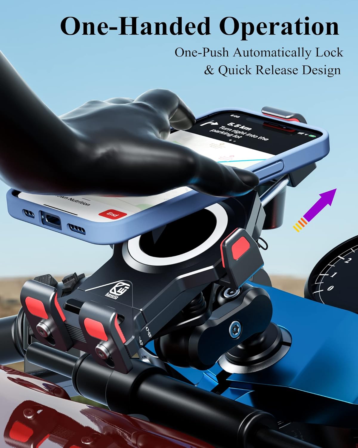 BRCOVAN Metal Anti-Theft Motorcycle Fork Stem Phone Mount Holder with Vibration Dampener & Secure Lock, Aluminum Alloy, Adjustable Size, Big Phone Friendly, Fit 4.7'' - 7.2'' Cellphone - Image 2