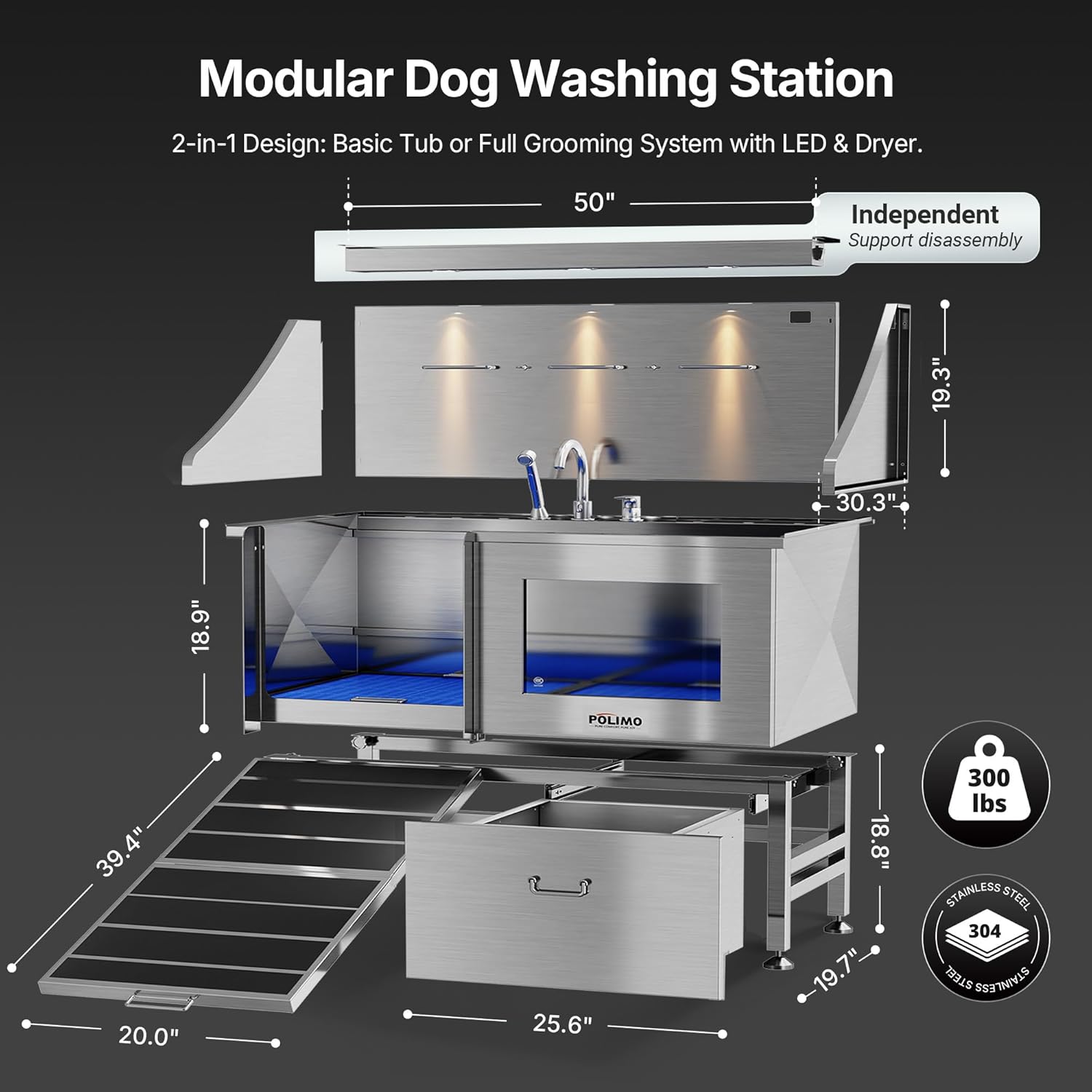 POLIMO Dog Washing Station with LED Display 50" (Left Ramp), 304 Stainless Steel Dog Bathtub for Large Medium Small Dogs, Professional Pet Grooming Tub with Faucet, Storage Drawer, Floor Grate, Window - Image 4