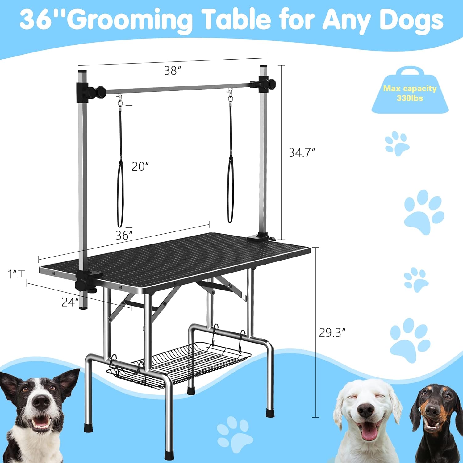 Lyromix 36''Large Dog Grooming Table, Adjustable Cat Drying Desktop with Arms, Nooses, Mesh Tray, Foldable Pet Station at Home, Maximum Capacity Up to 330Lb, 36inch, Black - Image 6