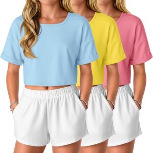 3 Pack Girls’ Crop Tops Kids Oversized Short Sleeve T-Shirts Loose Square Neck Shirts Rolled Cuff Athletic Tees