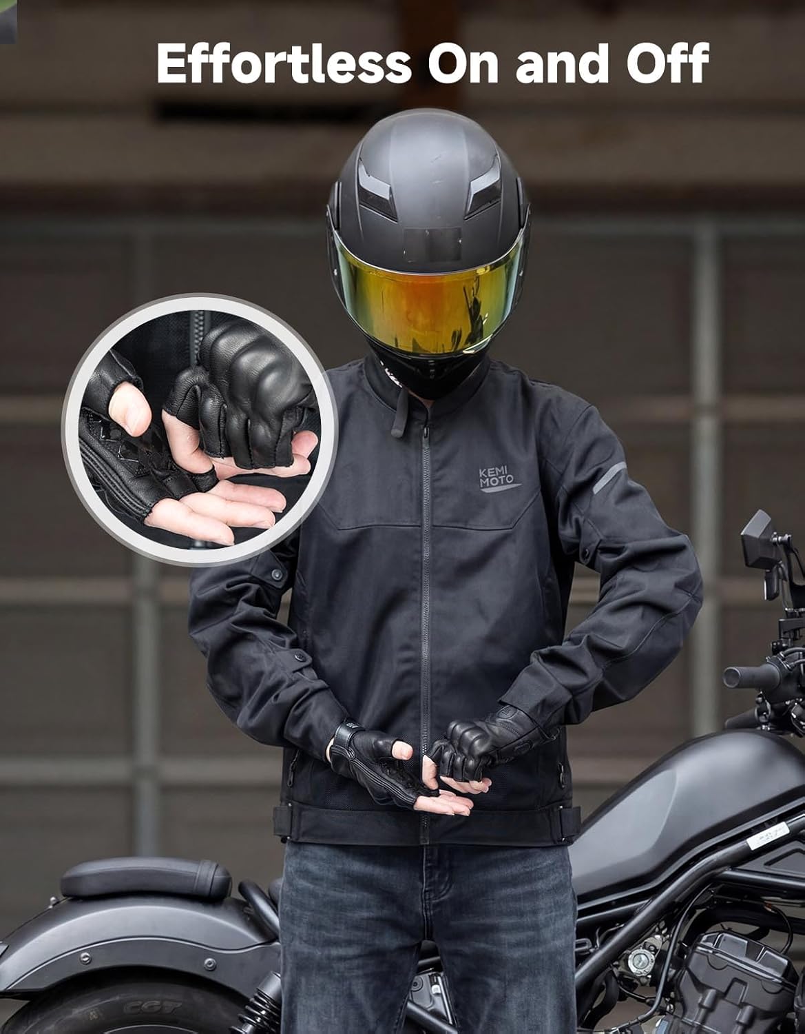 KEMIMOTO Motorcycle Leather Half Finger Gloves for Men Women, Hard Knuckle Protective Riding Gloves with Shock-Absorbing Padded Palm for Motorbike, Cycling, ATV & Outdoor Sports - Image 5