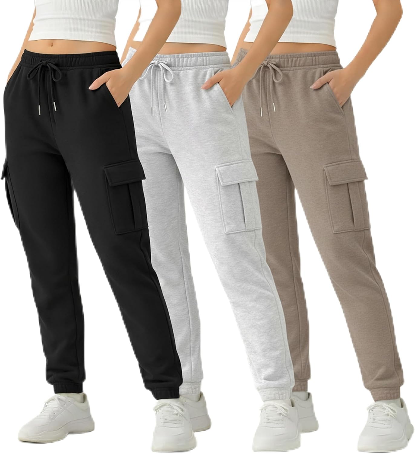 Common Stitch 3 Pack Fleece Cargo Joggers for Women — 4 Pockets, Cuffed Ankle, Elastic Drawstring Waist Common Stitch 3 Pack Fleece Cargo Joggers for Women — 4 Pockets, Cuffed Ankle, Elastic Drawstring Waist