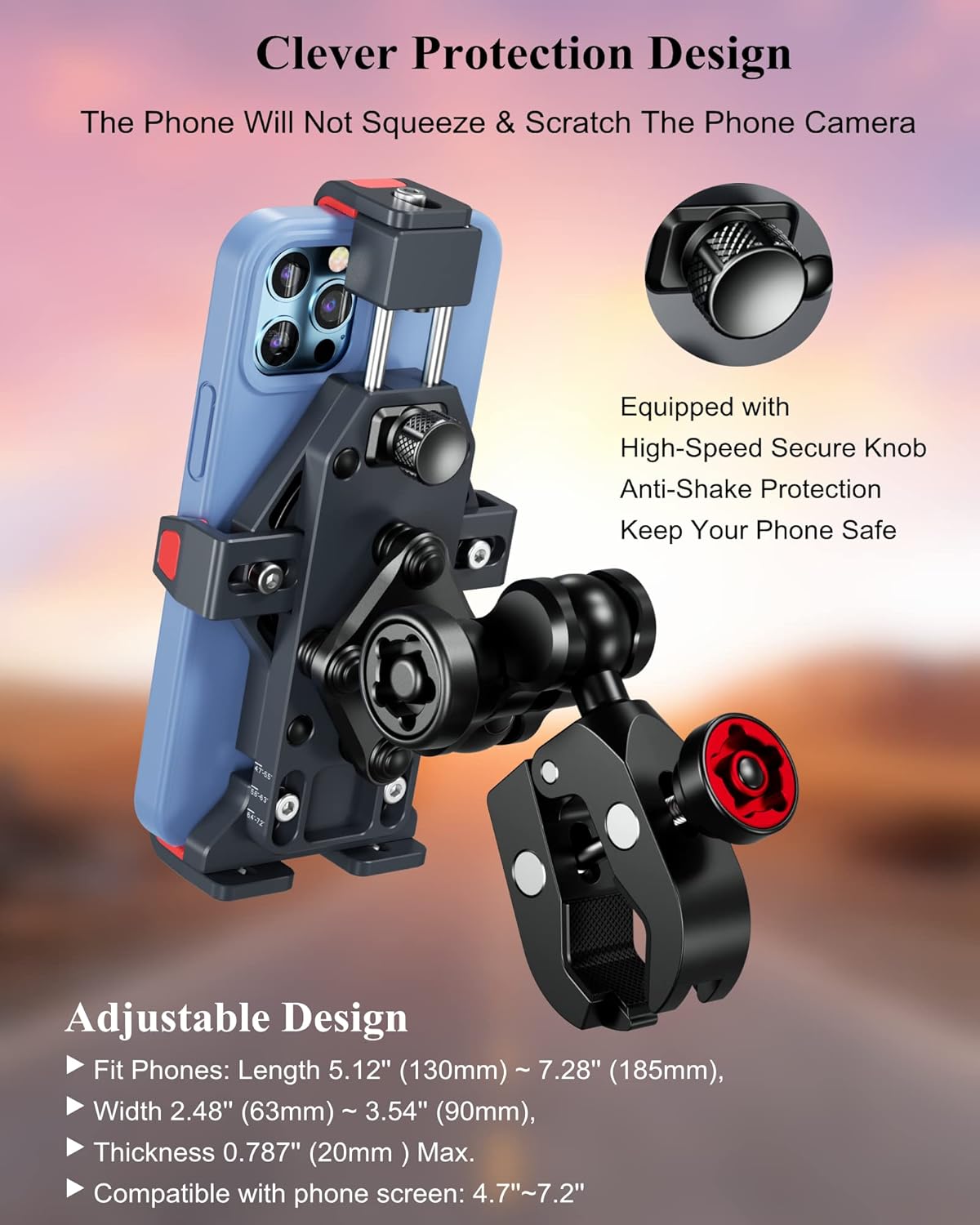 BRCOVAN Metal Anti-Theft Motorcycle Phone Mount with Vibration Dampener & High-Speed Secure Lock, Adjustable Aluminum Alloy Motorcycle Cellphone Holder for Bike Scooter ATV UTV Fit 4.7''-7.2'' Phones - Image 6