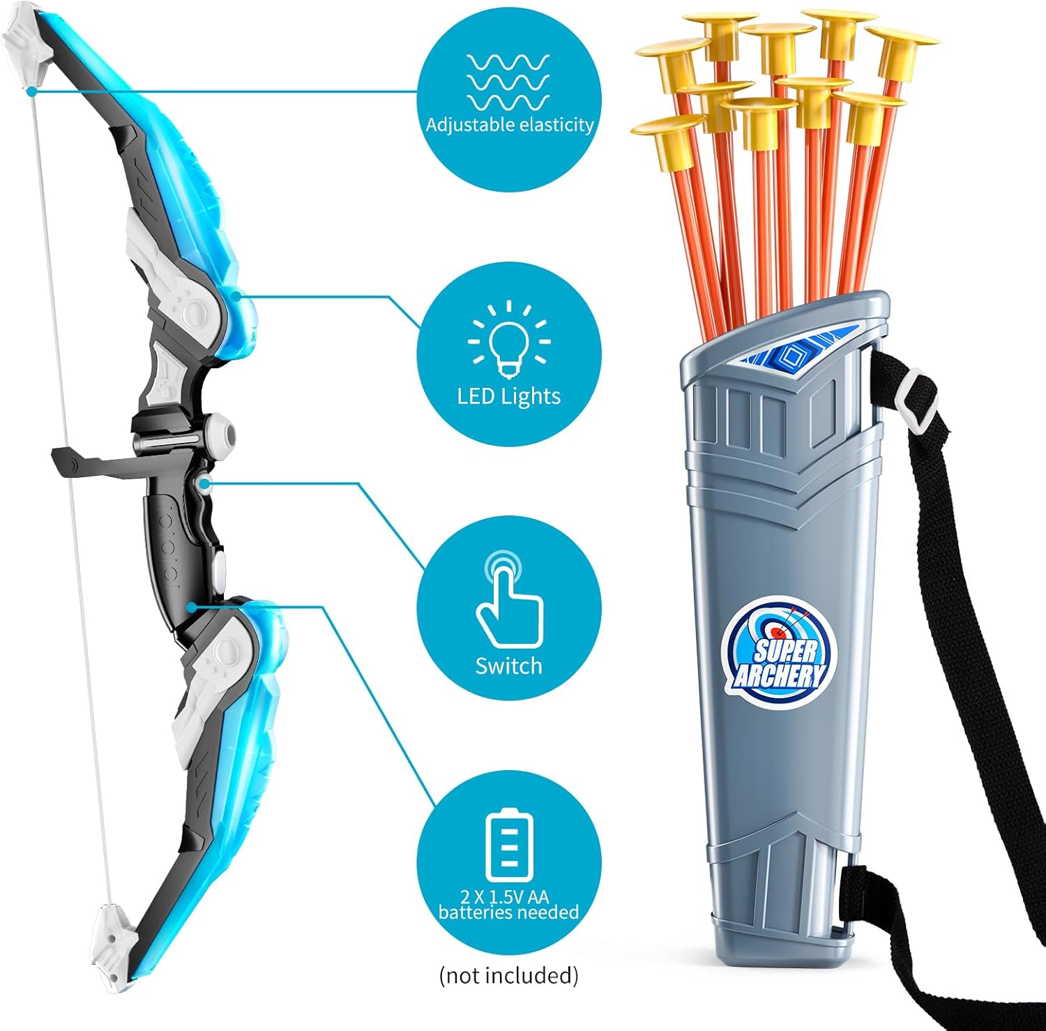 TEMI Bow and Arrow Set for Kids - Archery Toy Set - LED Light Up with Suction Cup Arrows, Target & Quiver, Indoor and Outdoor Toys for Children Boys Girls - Image 5