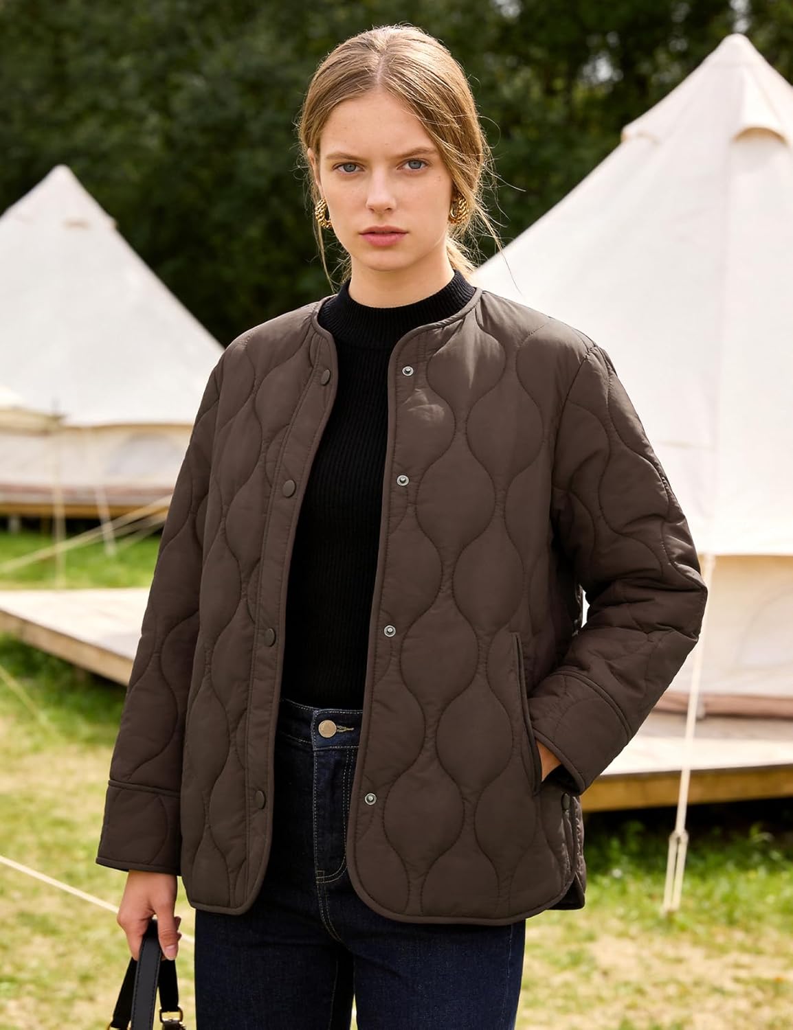 Flygo Women's Oversized Quilted Lightweight Jacket Button Down Puffer Padded Outerwear with Pocket - Image 3