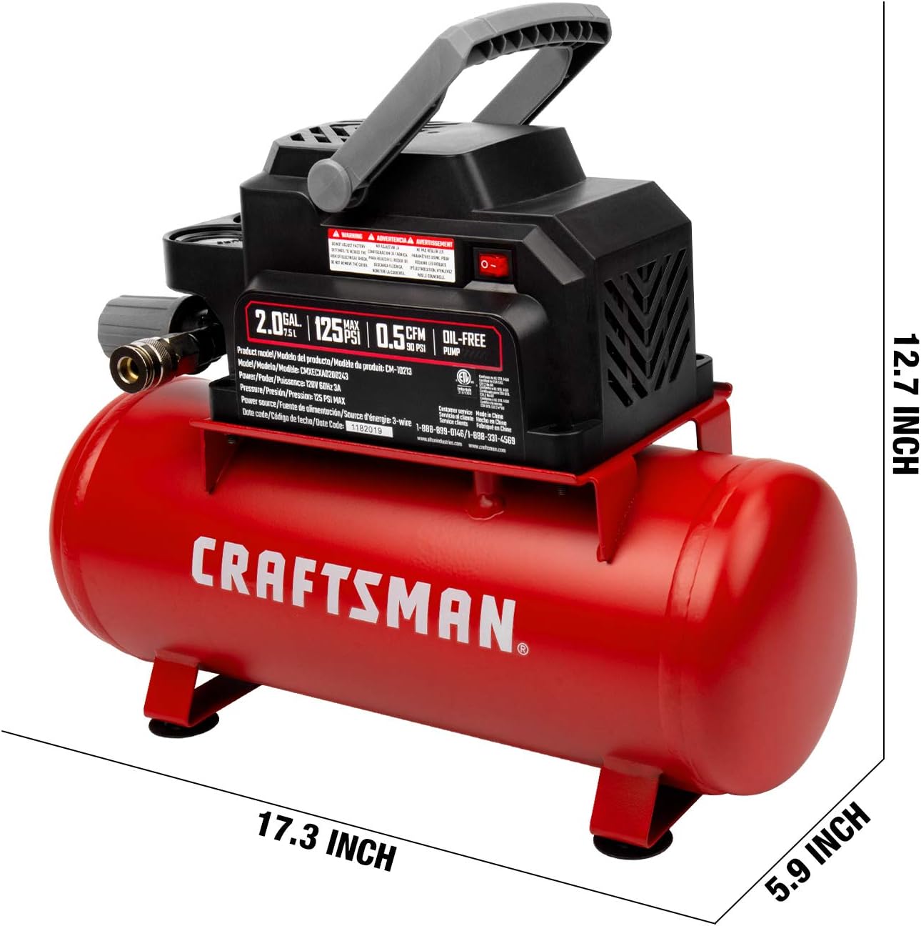 Craftsman Air Tools, 2 Gallon Portable Air Compressor 1/3 HP Oil-Free Max 125 PSI Pressure, Hot Dog, Model: CMXECXA0200243 - Image 5