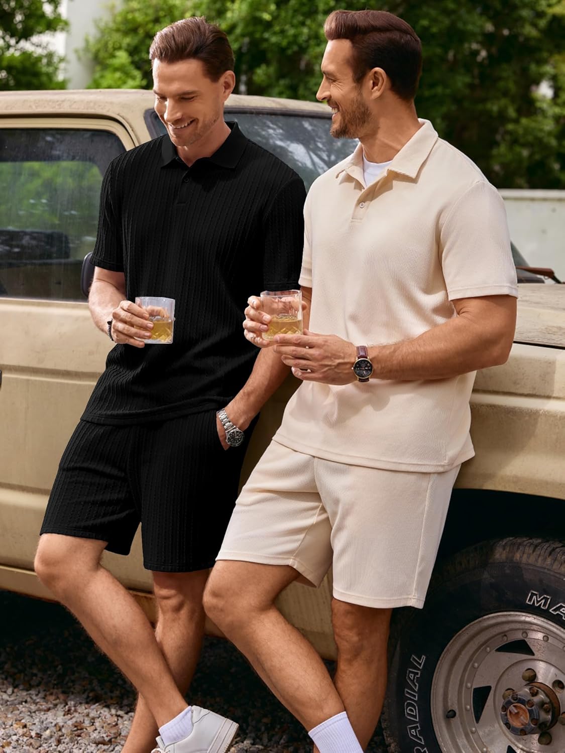 JMIERR Men's Summer Beach Outfits 2 Piece Jacquard Knit Lounge Short Sleeve Shirts & Shorts Vacation Texture Sets - Image 9