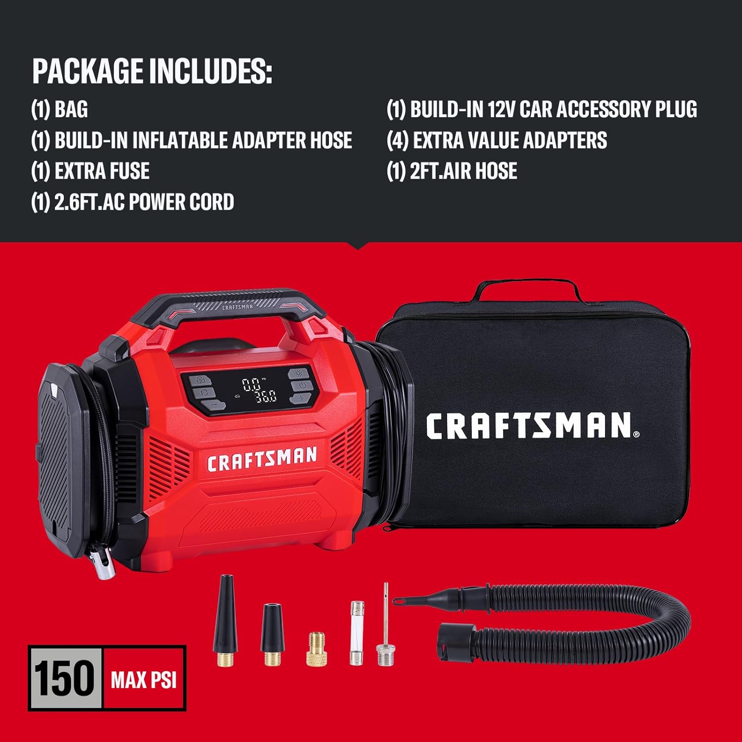 CRAFTSMAN Dual Power Tire Inflator Portable Air Compressor, 12V DC Car Plug & 120V AC Home Use, Up to 150 PSI with Digital Gauge & Auto Shut-Off, LED Light, Air Pump for Cars, Bikes & Inflatables - Image 8