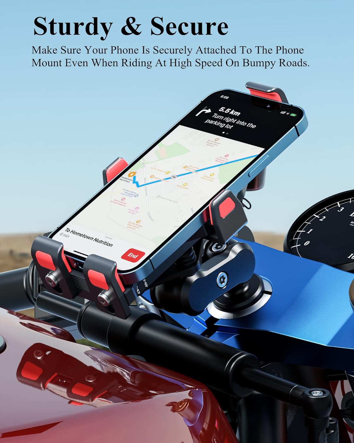 BRCOVAN Metal Anti-Theft Motorcycle Fork Stem Phone Mount Holder with Vibration Dampener & Secure Lock, Aluminum Alloy, Adjustable Size, Big Phone Friendly, Fit 4.7'' - 7.2'' Cellphone - Image 3