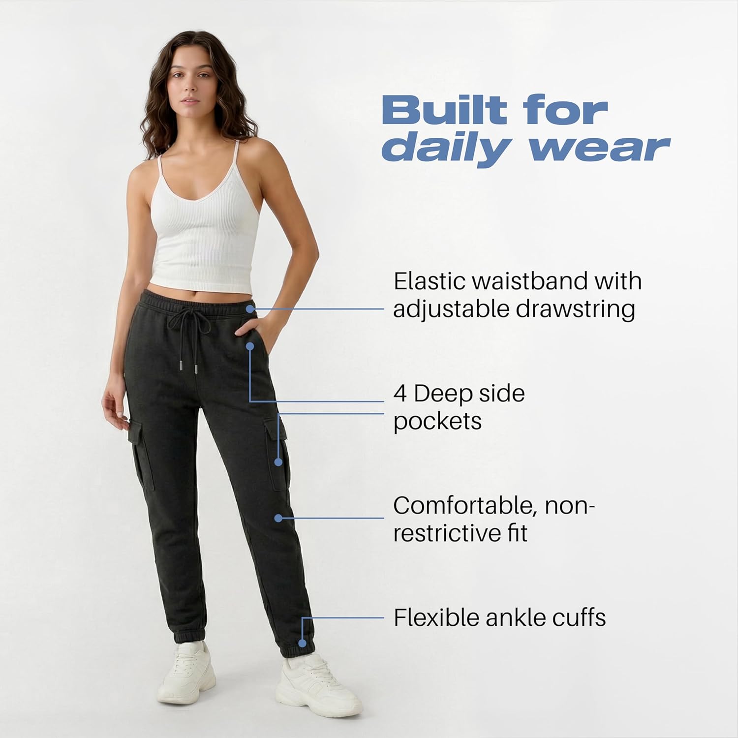 Common Stitch 3 Pack Fleece Cargo Joggers for Women — 4 Pockets, Cuffed Ankle, Elastic Drawstring Waist - Image 3