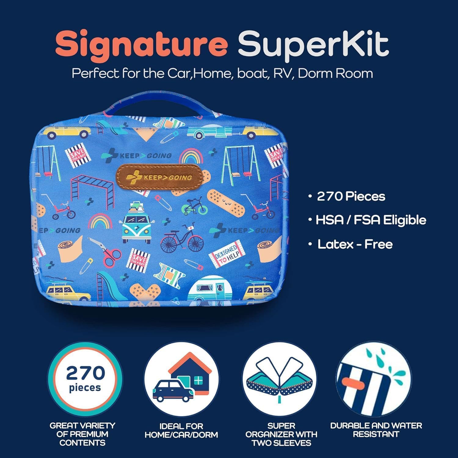 KeepGoing Large Home First Aid Kit for Kids – 270 Pc. for Car, Home, Dorm, & Boat with Latex-Free Bandages – 10 x 7 x 3.5 in. Travel First Aid Kit (Signature) - Image 3