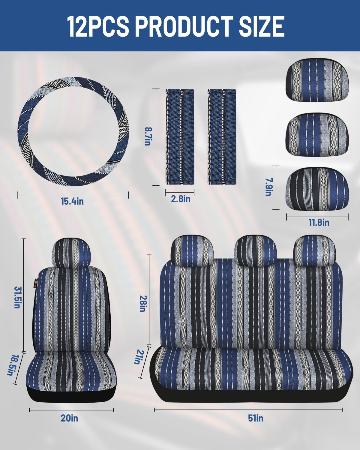 Baja Saddle Blanket Car Seat Covers Front Set with Seat Belt Pads, Washable Breathable Striped Woven Cloth Seat Covers for Cars, SUV, Truck, Airbag Compatible(Blue) - Image 6