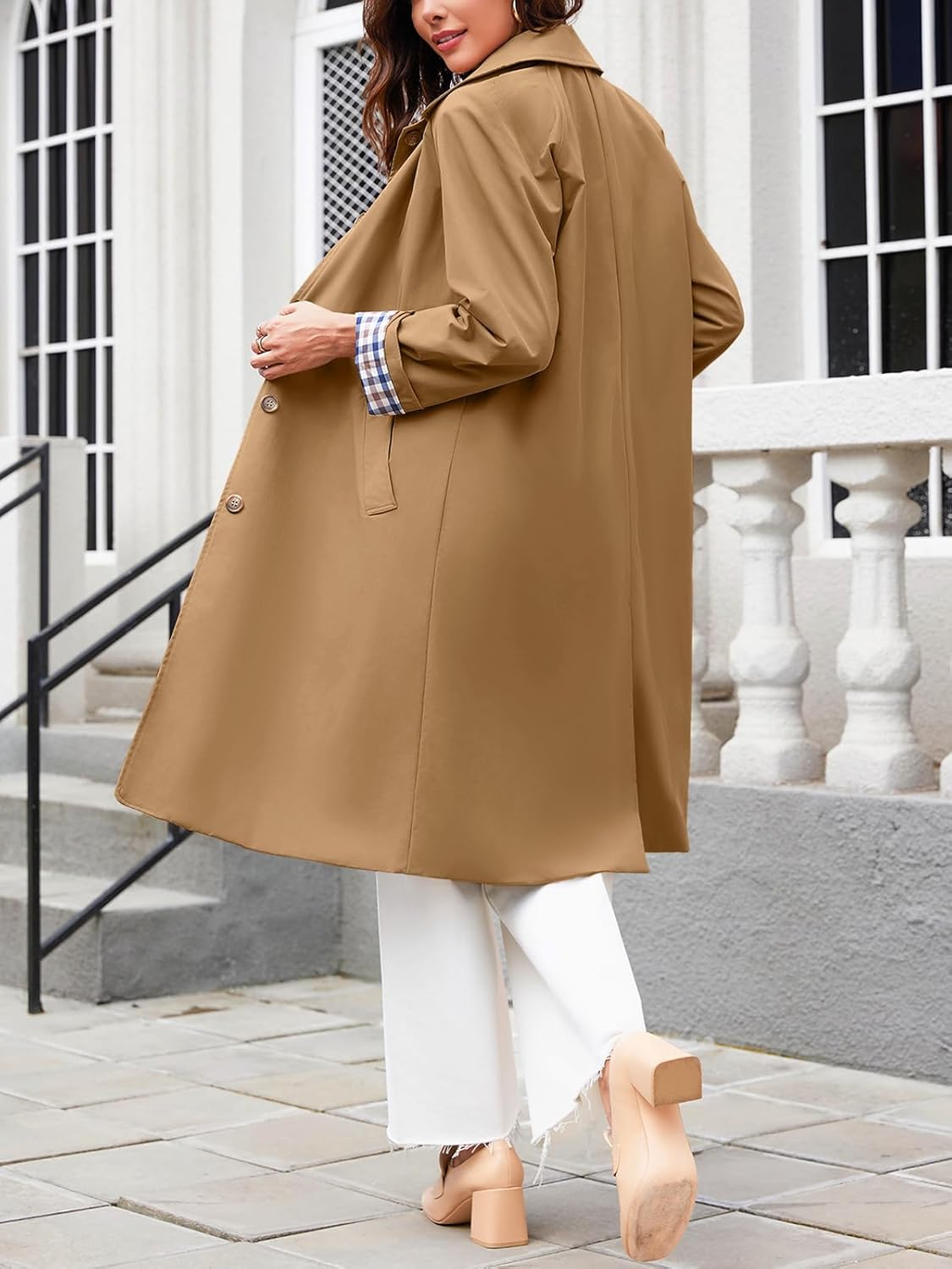 Tankaneo Womens Long Trench Coat Single Breasted Oversized Windproof Overcoat Fashion Outerwear - Image 4