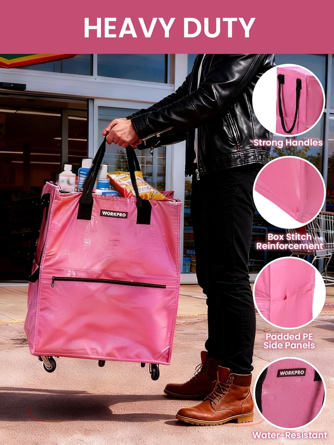 WORKPRO Large Rolling Grocery Bag, 36-Gallon Tote with 5 Wheels, 110 lbs Capacity, Dual Carry, Wide Zipper & Extra Storage for Shopping, Laundry & Moving - Image 4