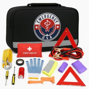 Roadside Car Emergency Kit – First Aid Set, Jumper Cables, Tow Strap, LED Flash Light, Rain Coat, Tire Pressure Gauge, Safety Vest and More (Black)