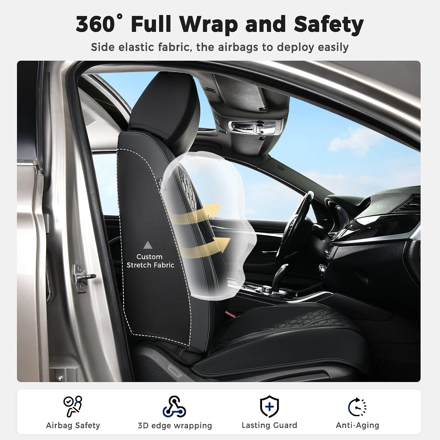 Huidasource Black Leather Seat Covers, Car Seat Cover Front and Back Seats Full Set, 360° Full Wrap Seat Cushion Covers Protector 5 Seats Universal Fit for Most Cars SUV Trucks - Image 5