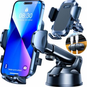 HTU Car Phone Holder【2026 Upgraded 100+LBS Suction & Safety Cert】 Cell Phone Car Mount for Truck Heavy Duty Phone Holder for Dashboard/Windshield/Vent for iPhone 17 16 Pro Max, Dark Black