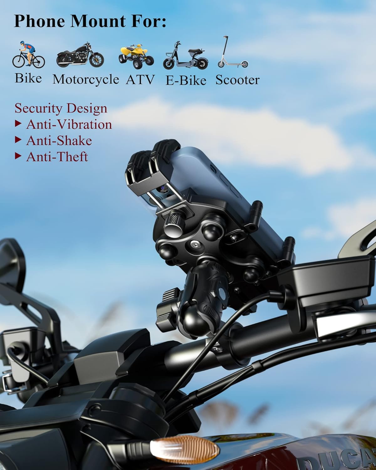 BRCOVAN Anti-Theft Motorcycle Phone Mount Holder with Vibration Dampener & High-Speed Secure Lock, Adjustable Size Handlebar Cellphone Cradle for Bike Bicycle Scooter ATV, Fit 5.4-7.2'' Smartphone - Image 2