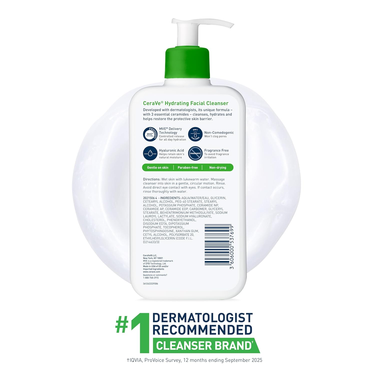CeraVe Hydrating Facial Cleanser, Moisturizing Face Wash For Dry Skin, Hyaluronic Acid + Ceramides + Glycerin, Hydrating Cleanser For Normal To Dry Skin, National Eczema Association Certified, 19 Oz - Image 7