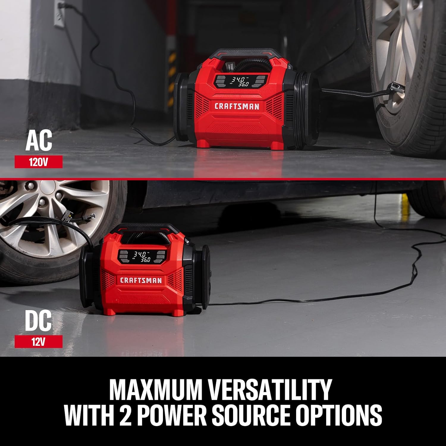CRAFTSMAN Dual Power Tire Inflator Portable Air Compressor, 12V DC Car Plug & 120V AC Home Use, Up to 150 PSI with Digital Gauge & Auto Shut-Off, LED Light, Air Pump for Cars, Bikes & Inflatables - Image 6