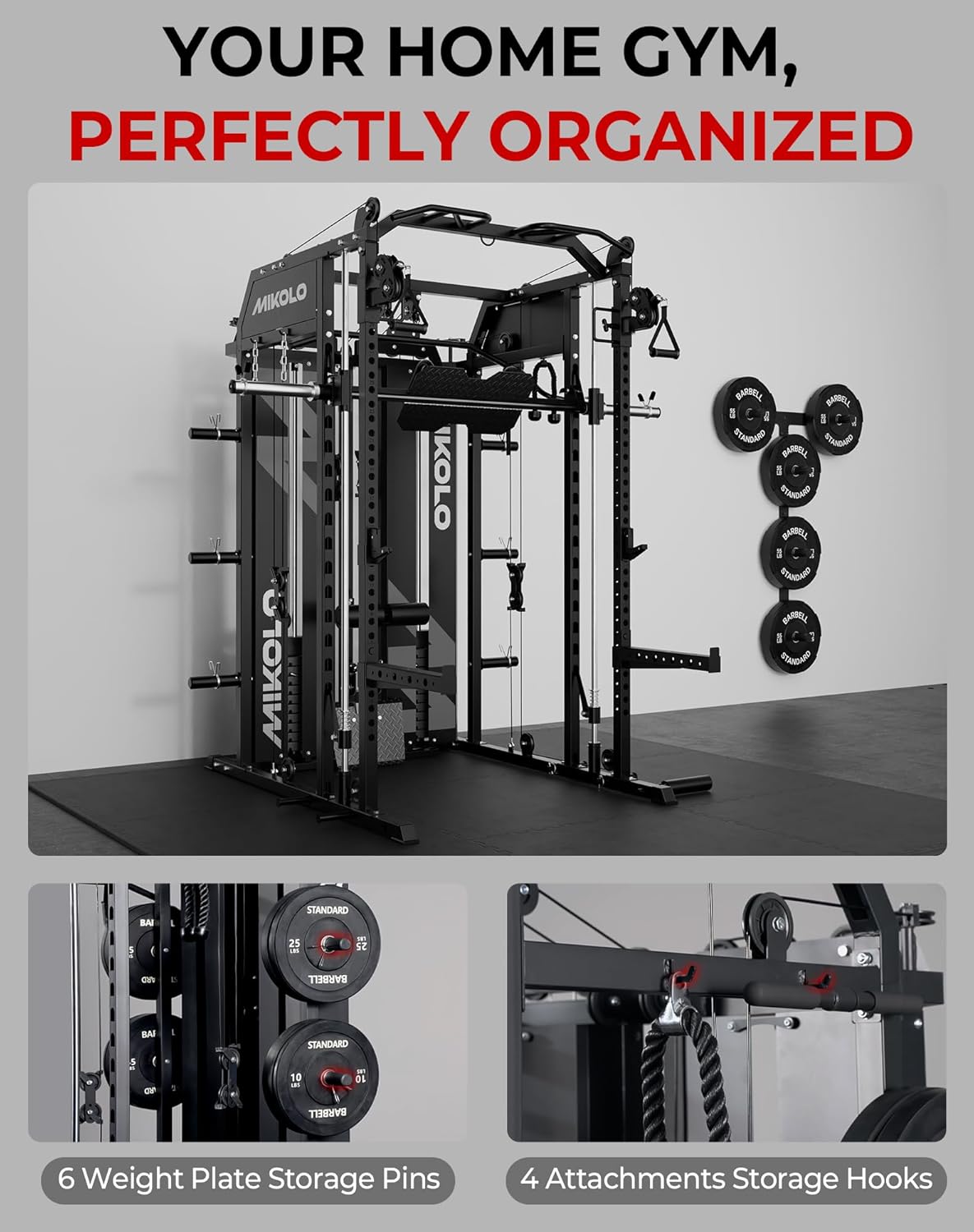 Mikolo Smith Machine with Weight Stack, Power Cage Home Gym System with LAT Pulldown & Cable Crossover, Multi-Functional Trainer with Dual Pulley System, Includes 10+ Free Attachments - Image 10
