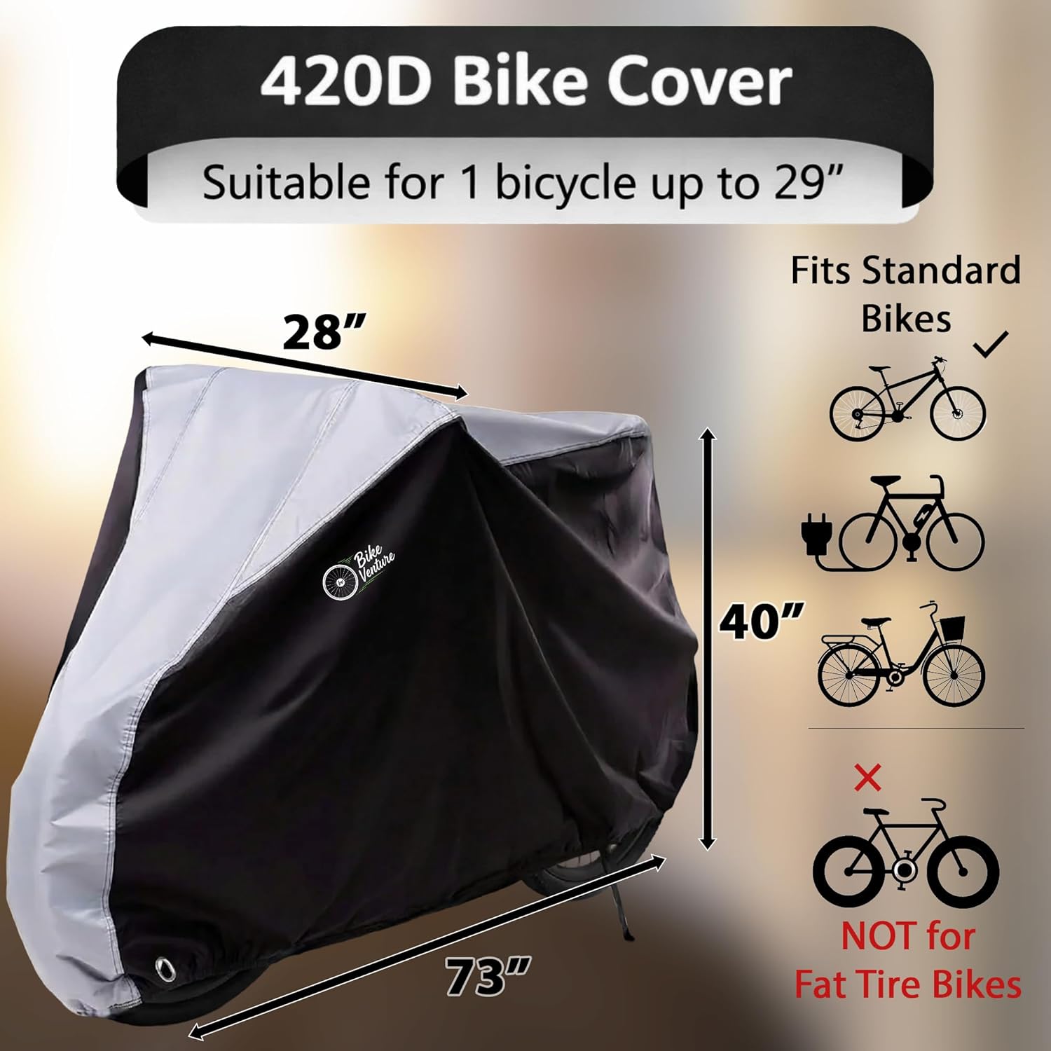 Bicycle Cover Waterproof Outdoor for 1 Bike, 3-Year Warranty, 420D Heavy Duty Ripstop, Anti-UV, Fits Mountain, Road, Cruiser & Standard Bikes up to 29 in, Rain Sun Dust All Weather Proof - Image 2