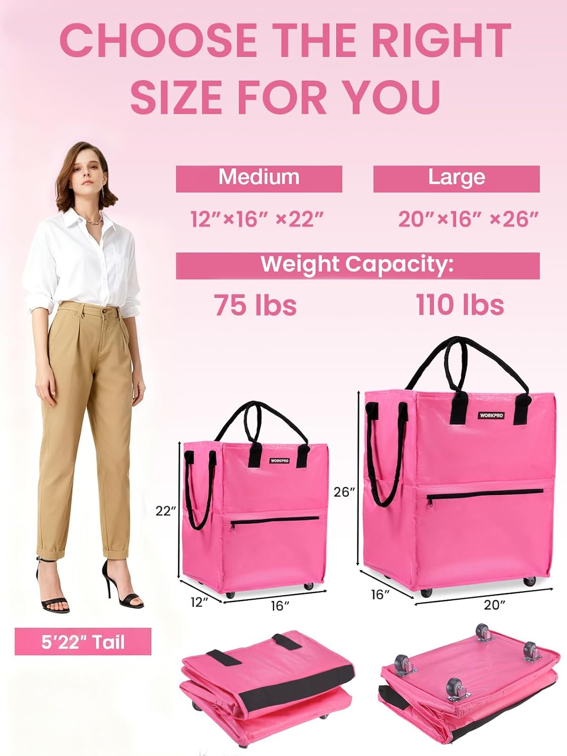 WORKPRO Large Rolling Grocery Bag, 36-Gallon Tote with 5 Wheels, 110 lbs Capacity, Dual Carry, Wide Zipper & Extra Storage for Shopping, Laundry & Moving - Image 2