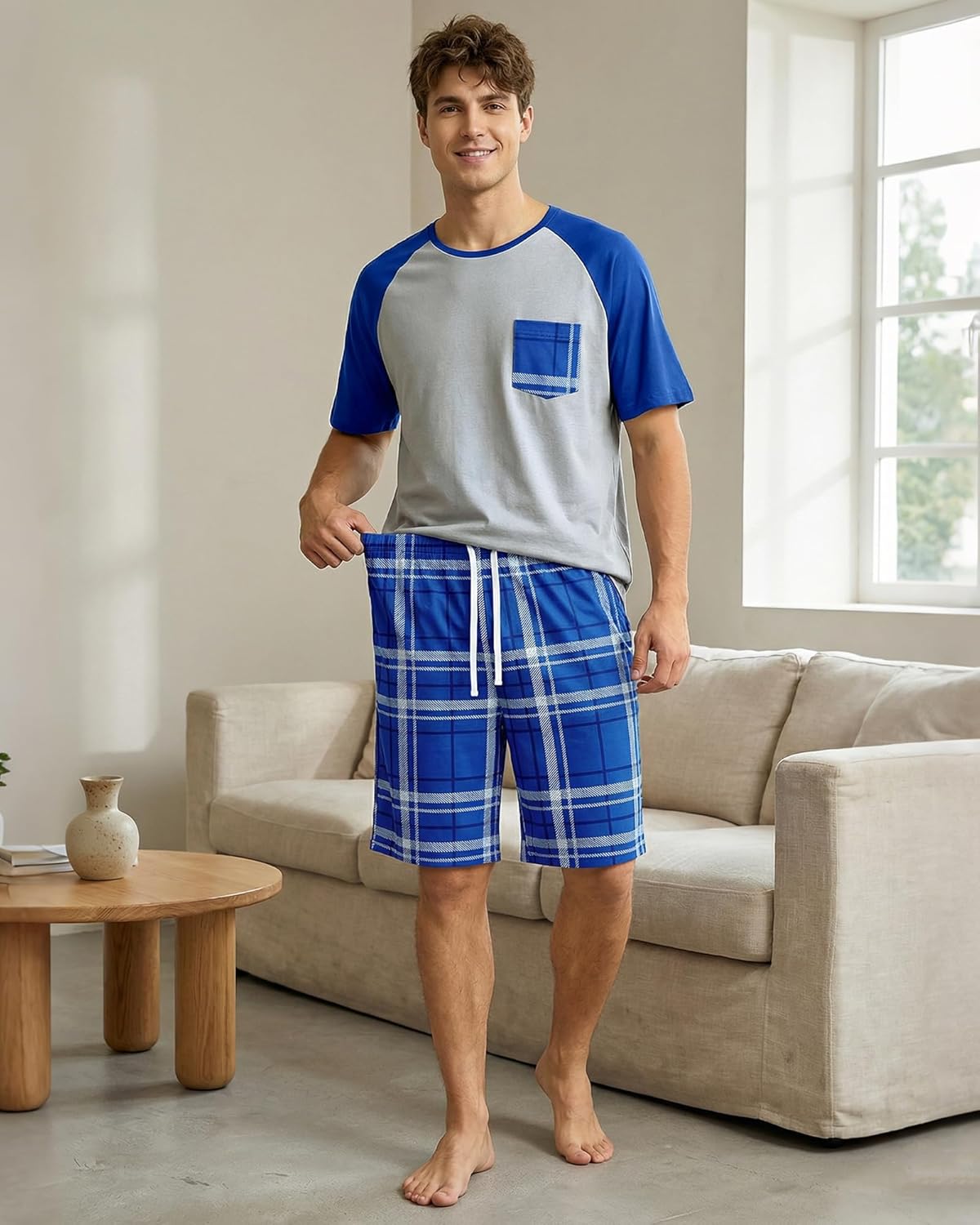 Mens Pajamas Set Summer Pjs Short Sleeve Sleep Set Soft Sleepwear 2 Piece Plaid Loungewear with Pockets M-2XL - Image 2