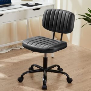 Sweetcrispy Small Office Desk Chair – Armless PU Leather with Comfy Lumbar Support, Height Adjustable Rolling Swivel Task for No Arms, for Adult, Student, Bedroom, Home, Vanity, Black