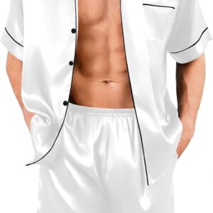 SWOMOG Men Silk Pajama Set Short Sleeve Satin PJs Sets 2 Piece Button Down Sleepwear Soft Summer Loungewear with Pockets