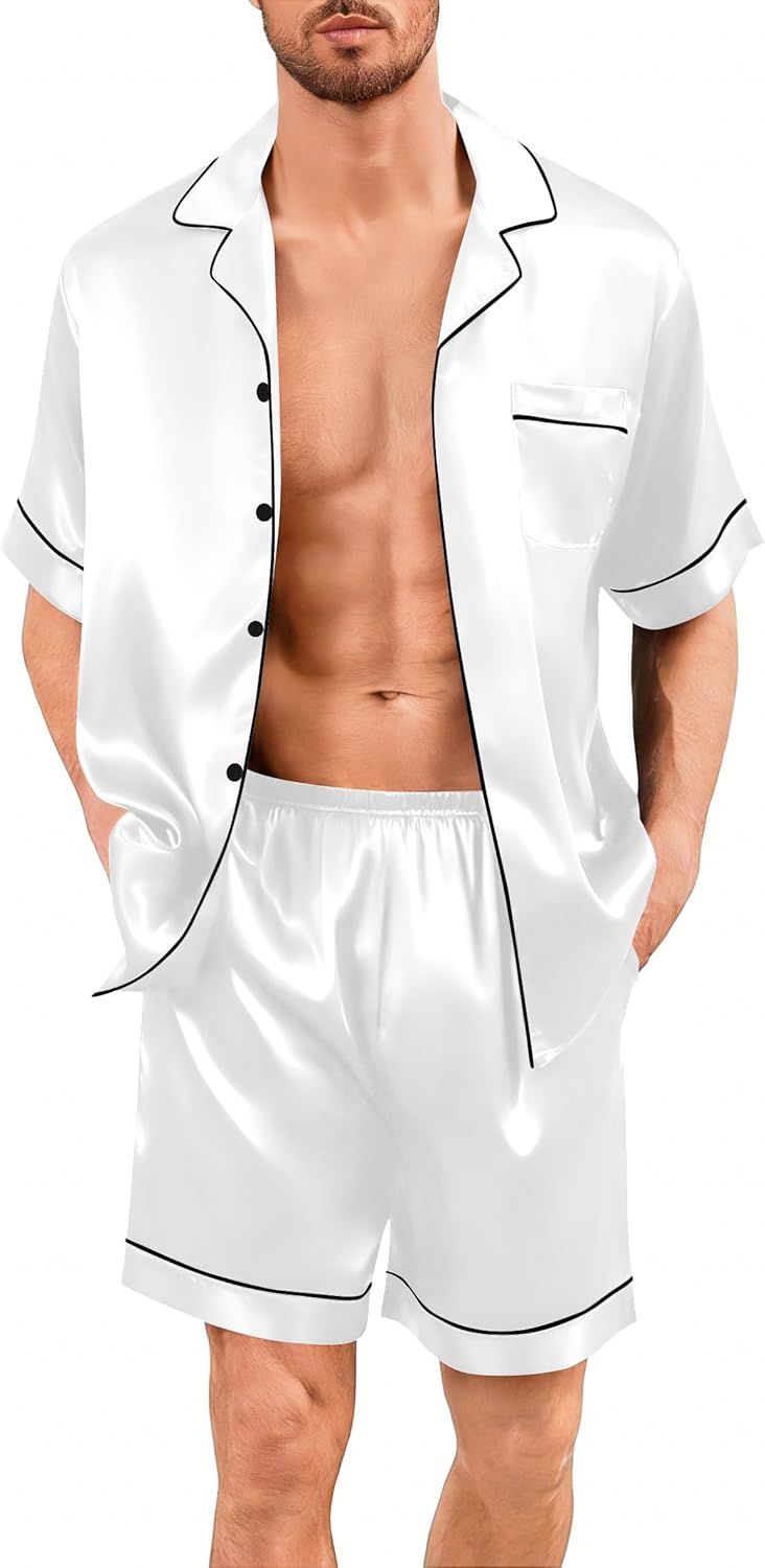 SWOMOG Men Silk Pajama Set Short Sleeve Satin PJs Sets 2 Piece Button Down Sleepwear Soft Summer Loungewear with Pockets