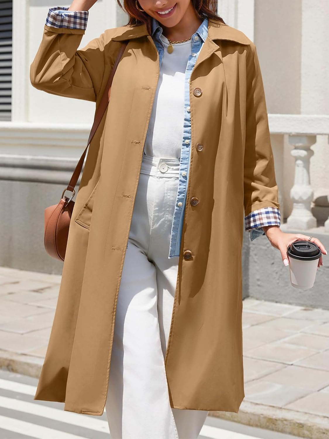 Tankaneo Womens Long Trench Coat Single Breasted Oversized Windproof Overcoat Fashion Outerwear - Image 6
