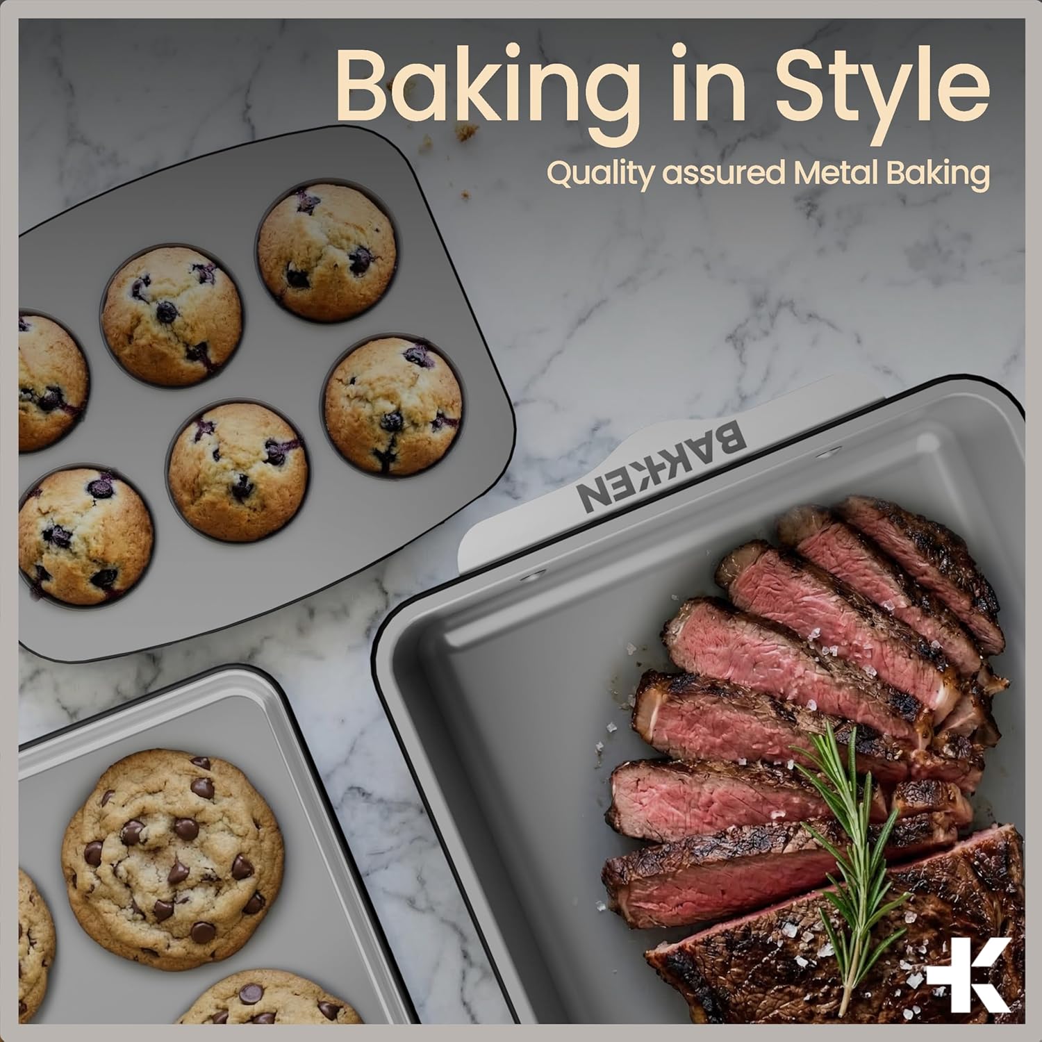 Bakken 8-Piece Ceramic Coated Bakeware Sets, Nonstick Aluminized Steel Pans with Muffin, Loaf, Cake, Roasting Pan, & Cooling Rack, Oven Safe Up To 500°F, Dishwasher Safe, BPA, PTFE & PFAS Free, Black - Image 8