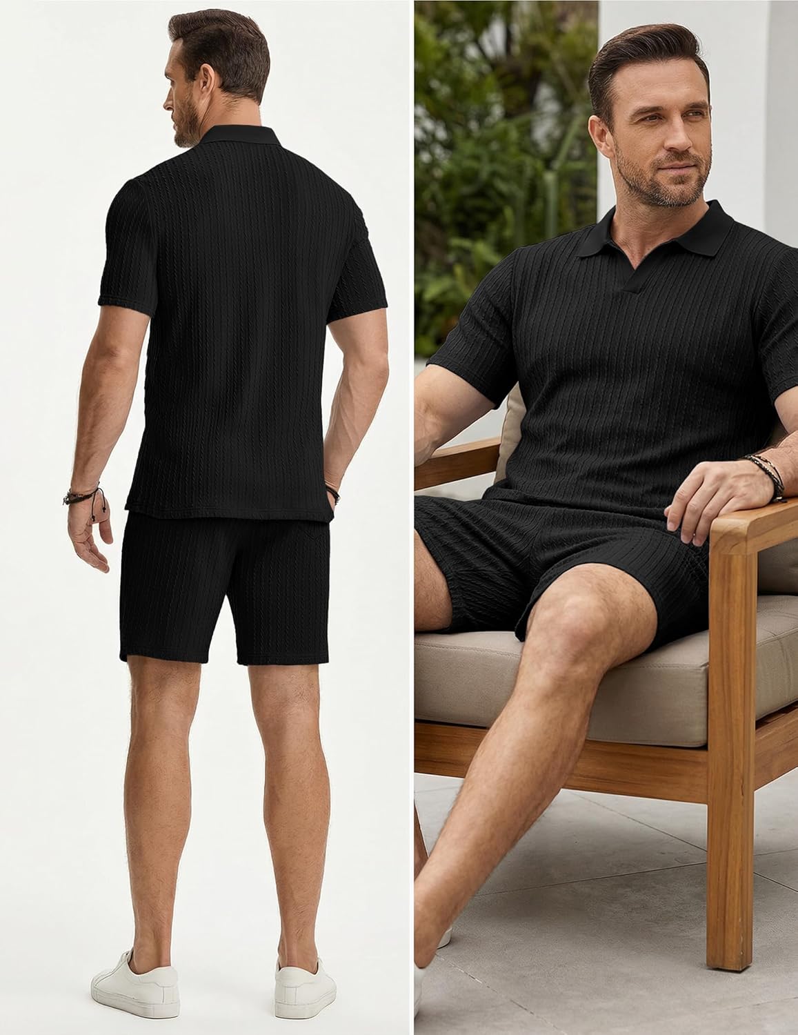 JMIERR Men's Summer Beach Outfits 2 Piece Jacquard Knit Lounge Short Sleeve Shirts & Shorts Vacation Texture Sets - Image 2