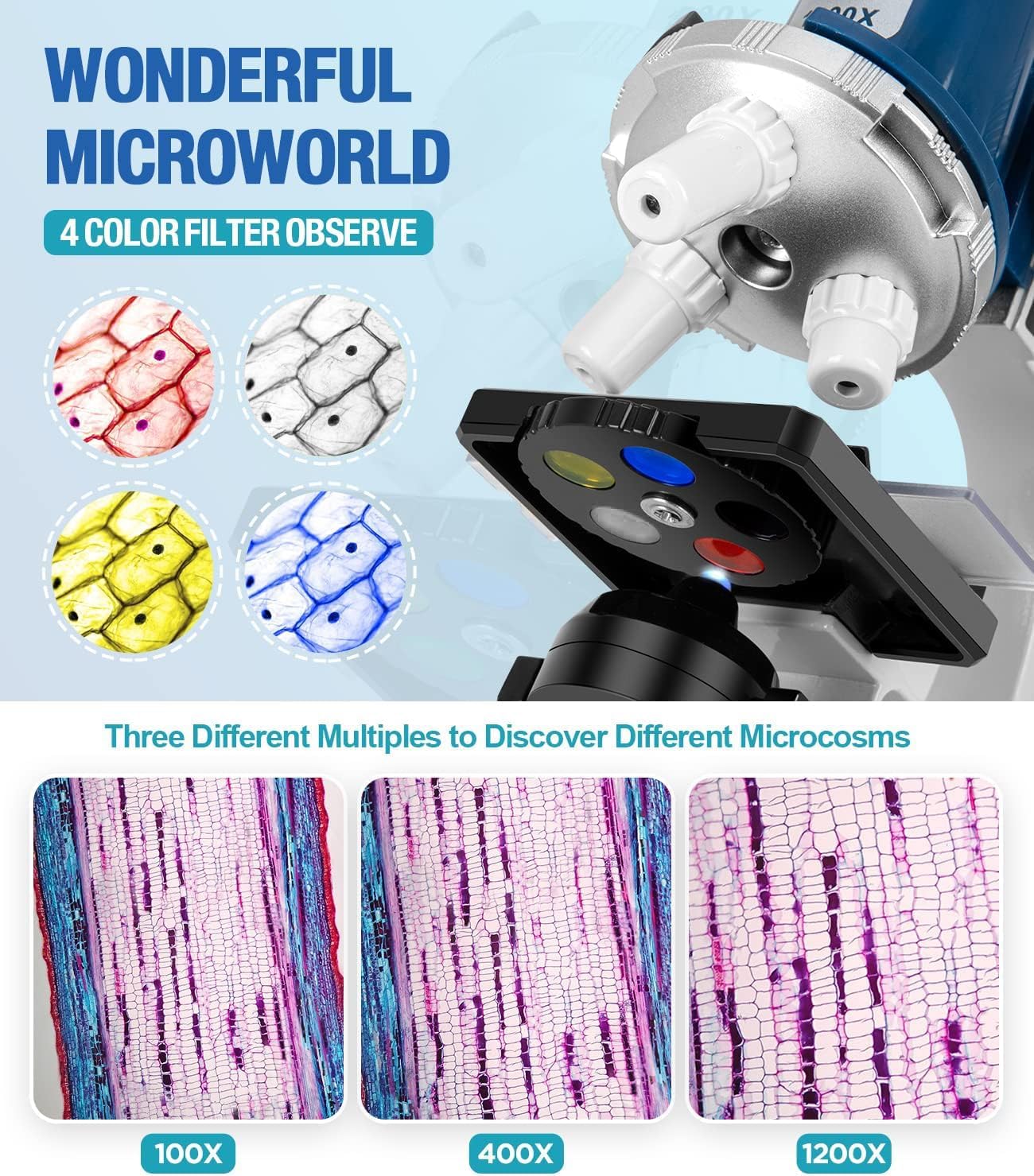 58-Piece Kids Microscope Kit - 100X-1200X Magnification, Metal Body, LED Light, Carrying Box - Science Experiment Toy for Kids Ages 5-12 - Image 4