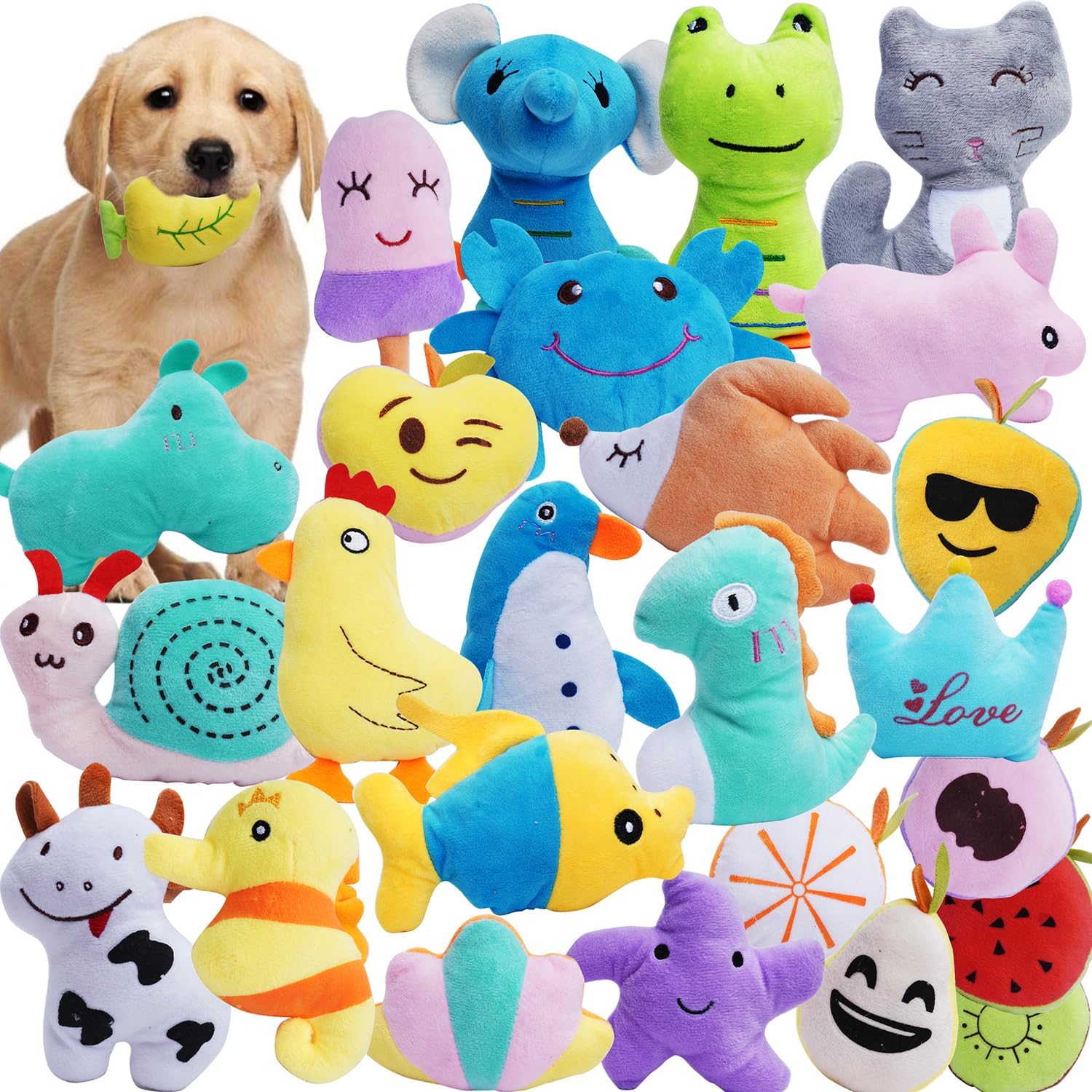HDMOTU Pack of 26 Soft Small Medium Dog Squeaky Toys,Cute Puppy Favorite Comfortable Squeakers Toy,Multicolored for Puppy HDMOTU Pack of 26 Soft Small Medium Dog Squeaky Toys,Cute Puppy Favorite Comfortable Squeakers Toy,Multicolored for Puppy