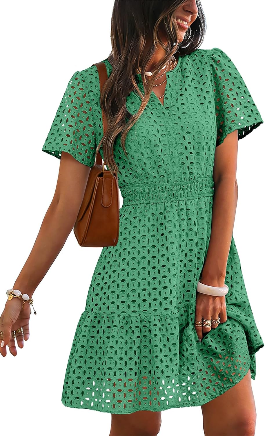 RUMIA Womens Dresses 2026 Summer V Neck Eyelet Lace A Line Short Dress - Image 3